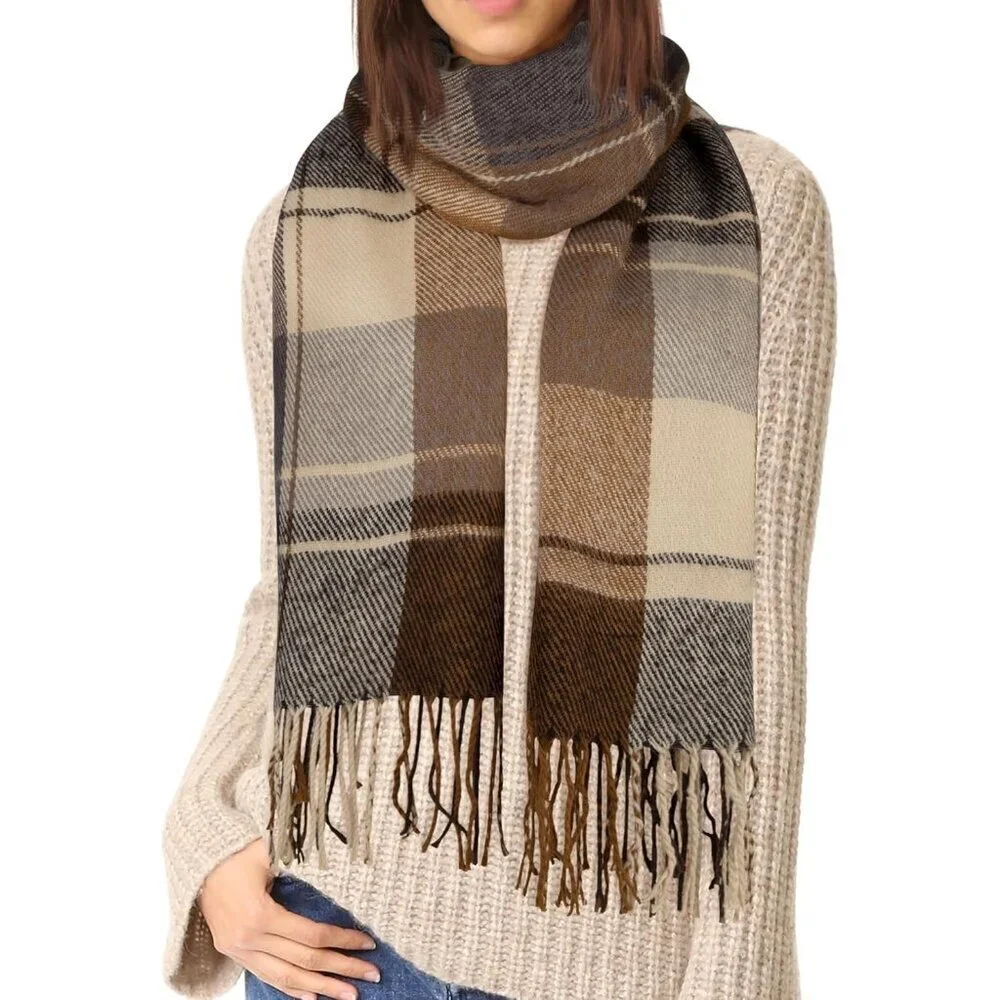 Women's khaki Beige Lattic Scarf Fashion Long Plaid Shawls Wraps Big Grid Winter